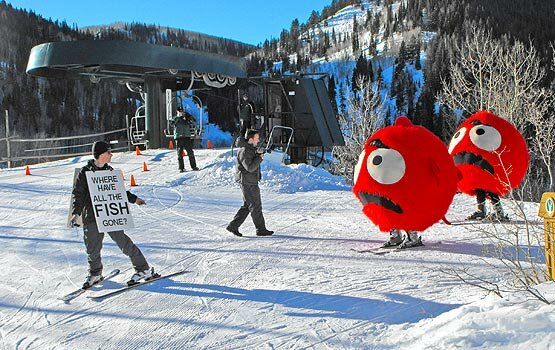 Greenpeace guppies spread their message on overfishing on the ski slopes